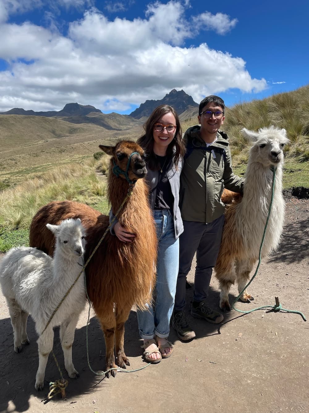 Jenn & Fern smiling with alpacas in Ecuador